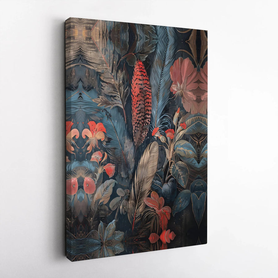 Dark Botanical Canvas Print | Moody Jungle Floral and Feather Art | Fade-Resistant Gallery Canvas | Living Room & Bedroom Wall Decor Gift