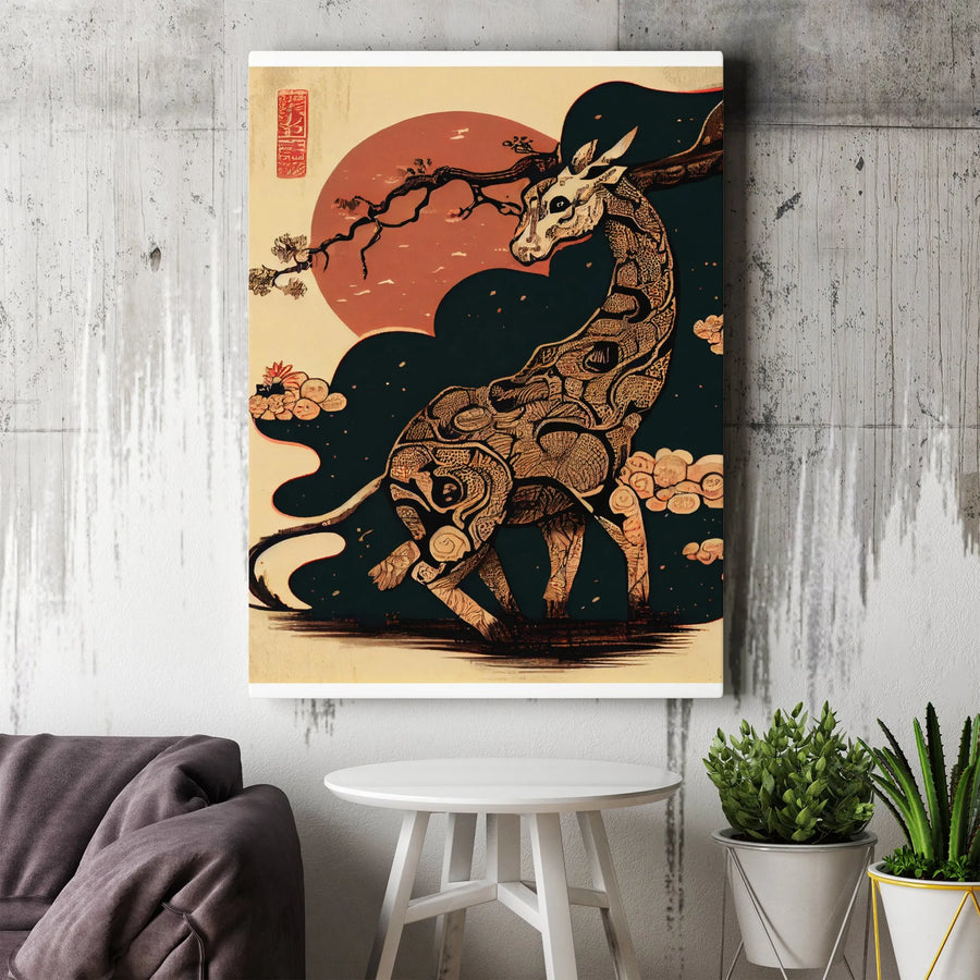 Japanese Giraffe Canvas Wall Art | Ukiyo-E Style Minimalist Animal Print | Premium 1.25" Gallery Wrap | Unique Home Office Decor Gift