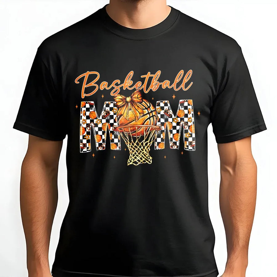 Basketball Mom T-Shirt | Coquette Bow Checkered Sports Design | 100% Soft Cotton Tee | Premium Game Day Gift for Basketball Mama