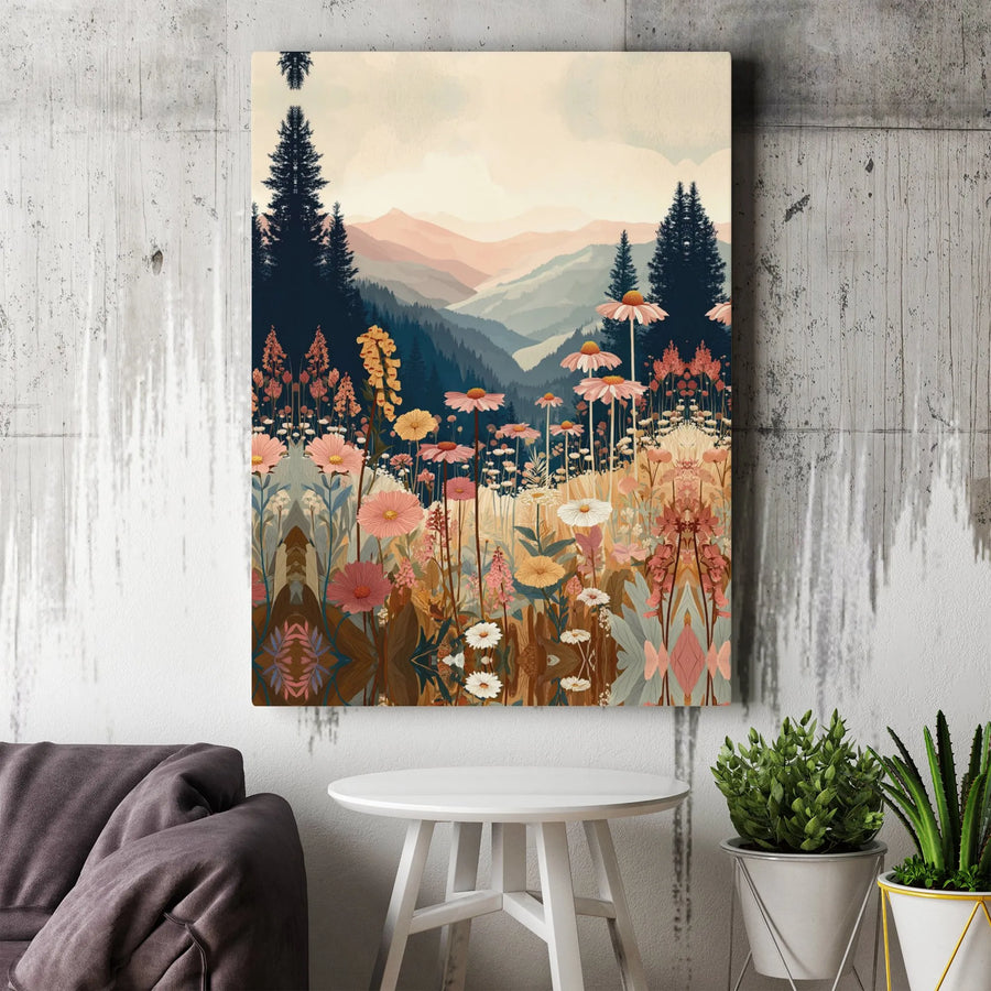 Wildflower Meadow Canvas Print | Mountain Landscape Wall Art | Premium Gallery Wrap Stretched Canvas | Nature-Inspired Home Decor Gift