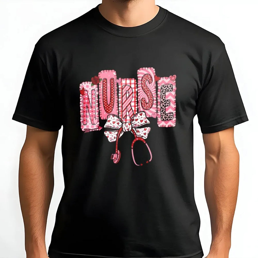 Nurse Valentine T-Shirt | Coquette Stethoscope Bow Graphic | Premium Soft Cotton | Cute Heart Nursing School Gift for Her
