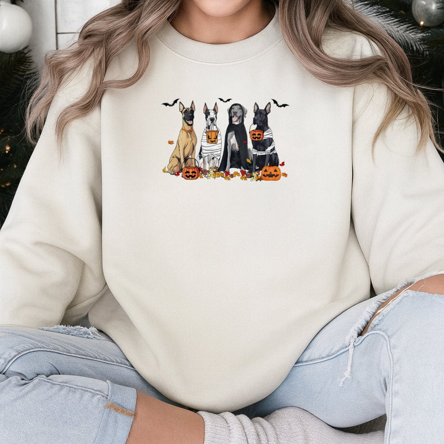 Great Dane Halloween Sweatshirt | Spooky Dogs Pumpkin Patch Graphic | Premium Cotton Blend Crewneck | Cute Dog Lover Fall Gift