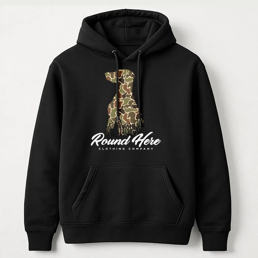 Camo Hunting Dog Hoodie | Retriever Silhouette Graphic | Premium Cotton | Outdoor Country Lifestyle Gift for Men