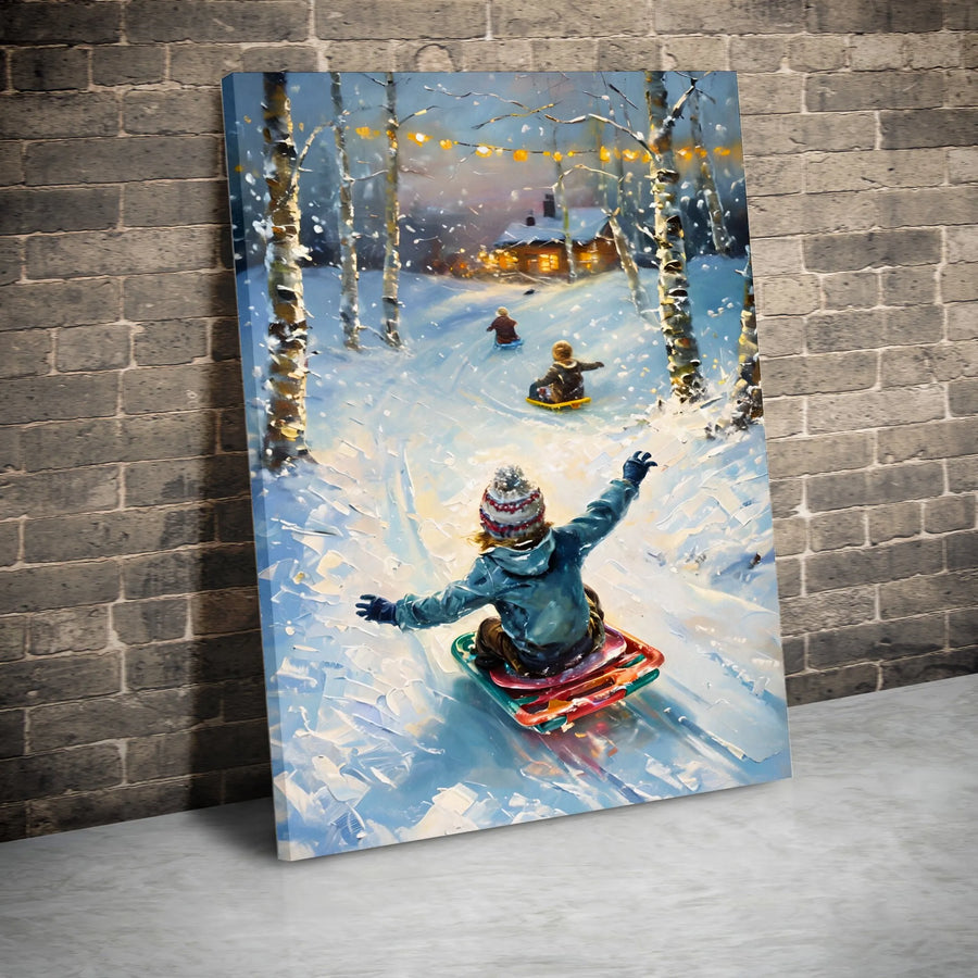 Winter Sledding Canvas Wall Art | Whimsical Snowy Forest Landscape with Cozy Cabin | Gallery-Wrapped Premium Print | Holiday Home Decor Gift