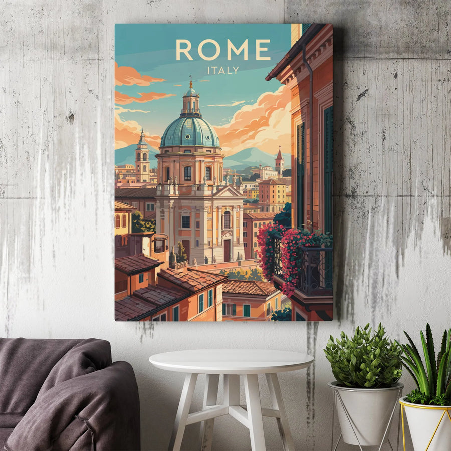 Rome Italy Canvas Wall Art | Vintage Travel Poster Style Illustration | Premium 1.25" Thick Gallery Wrap | Italian Home Decor Gift