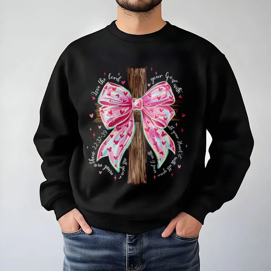 Christian Sweatshirt | Pink Coquette Bow and Cross Design | Premium Cotton Blend | Faith-Based Bible Verse Gift for Women