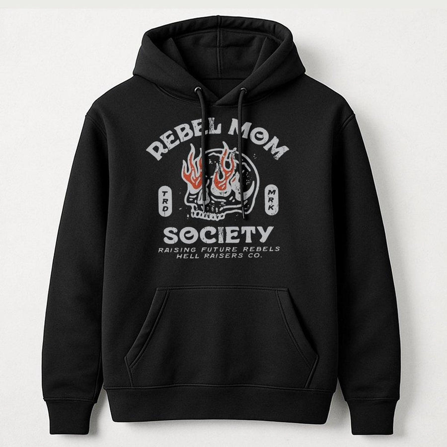 Rebel Mom Society Hoodie | Grunge Skull Graphic Streetwear | Premium Cotton Blend | Edgy Gift for New Mom or Birthday