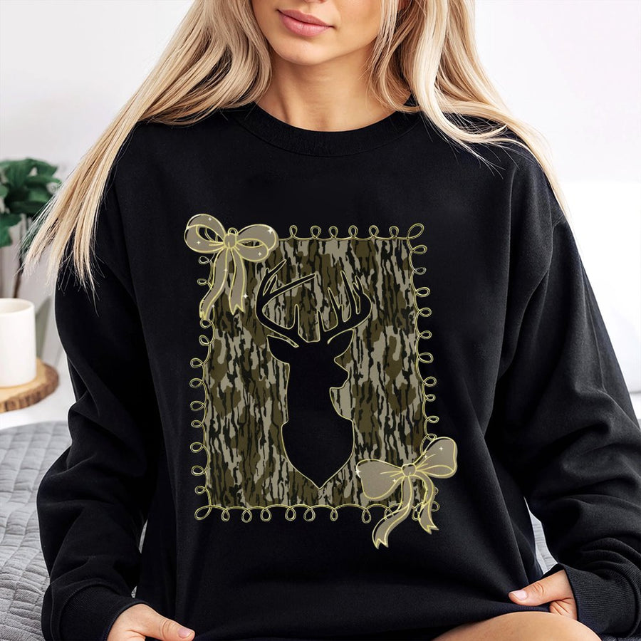 Deer Camo Bow Sweatshirt | Coquette Aesthetic Hunting Gift | Premium Cotton Blend Crewneck | Trendy Preppy Fall Apparel For Women