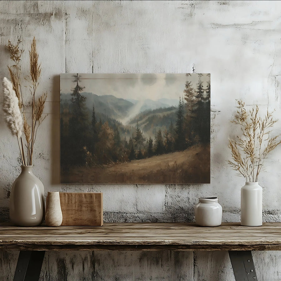 Misty Mountain Forest Canvas Wall Art | Moody Landscape Nature Print | Premium 1.25" Gallery Wrap | Earthy Home Decor for Nature Lovers