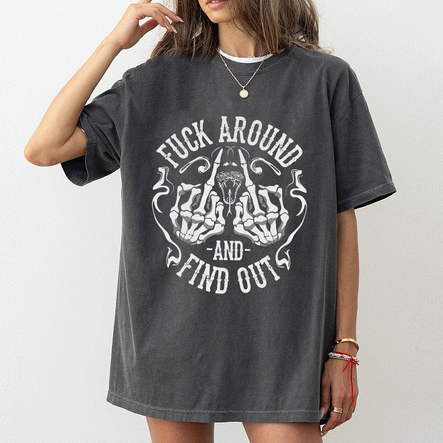 Fuck Around And Find Out T-Shirt | Edgy Skeleton Middle Finger Graphic | Premium 100% Cotton Tee | Sarcastic Gift for Men and Women