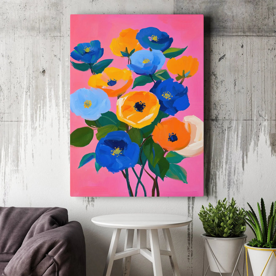 Abstract Floral Canvas Wall Art | Colorful Blue and Orange Flower Bouquet Painting | Gallery-Wrapped Premium Decor | Modern Gift for Her