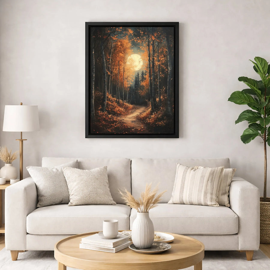 Autumn Forest Path Canvas Print | Full Moon Birch Tree Landscape | Premium 1.25-Inch Gallery Wrap | Seasonal Nature Wall Decor Gift
