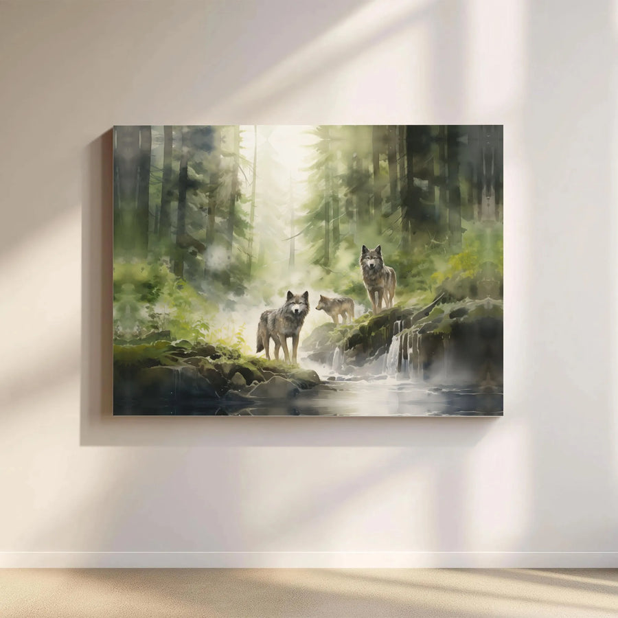 Wolf Pack Canvas Wall Art | Misty Forest Waterfall Scene | Premium Gallery Wrap Print | Nature Inspired Home Decor Gift