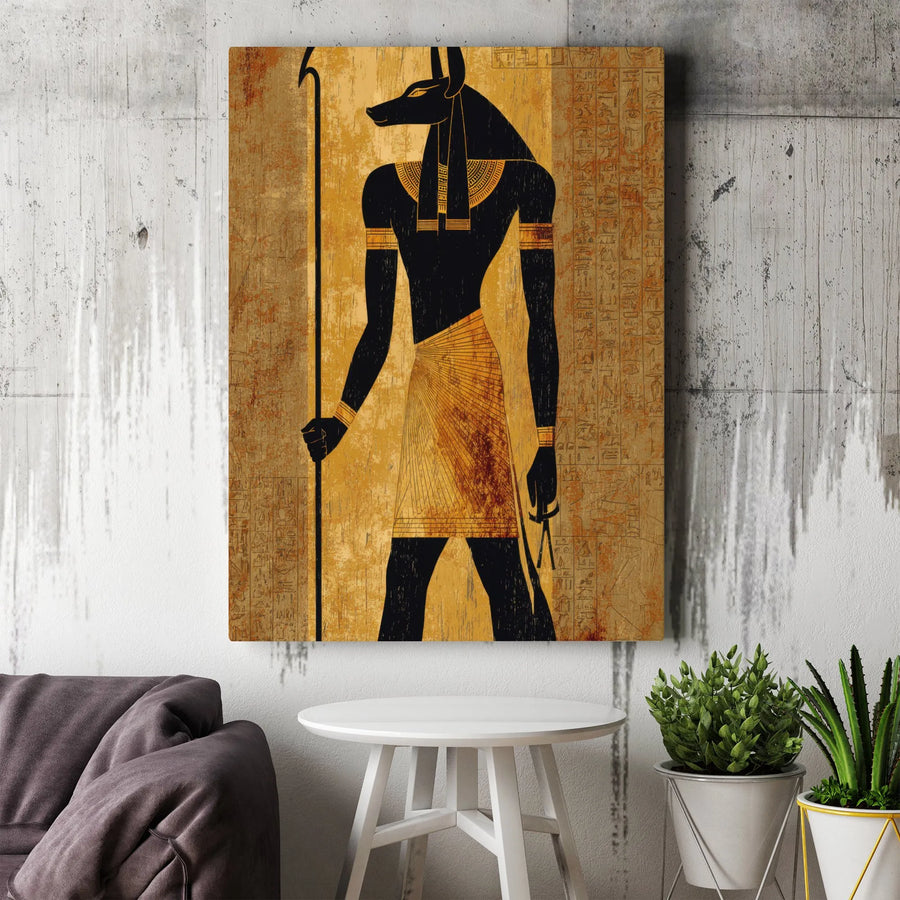 Anubis Egyptian God Canvas Wall Art | Golden Hieroglyphics Mythology Print | Gallery-Quality 1.25" Profile | History Lover Office Gift