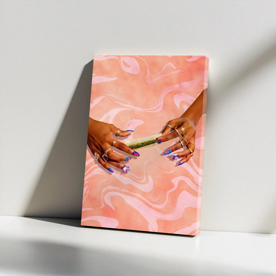 Stoner Aesthetic Vertical Canvas | Pink Psychedelic Swirl Hands Rolling Joint Print | Premium 1.25 Inch Gallery-Style Canvas | Trippy Room Decor Gift for Weed Lovers
