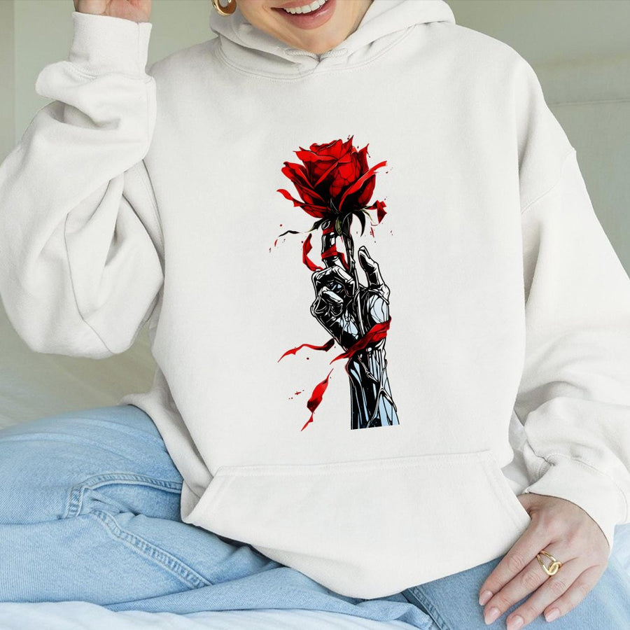 Rose Skeleton Hand Hoodie | Gothic Floral Graphic Streetwear | Premium Cotton Blend | Aesthetic Unisex Gift for Art Lovers