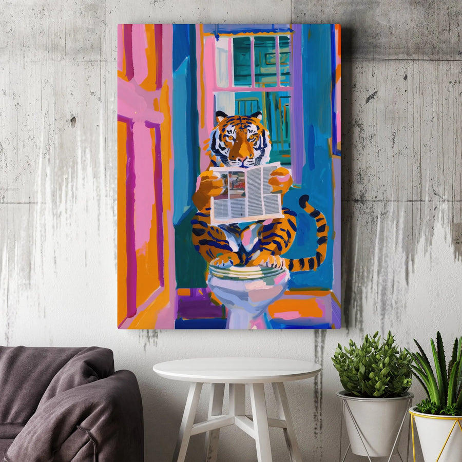 Tiger Reading Newspaper Canvas Art | Funny Bathroom Wall Decor | Premium 1.25" Gallery Wrap | Whimsical Animal Home Gift