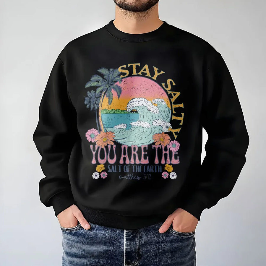 Stay Salty Christian Sweatshirt | Retro Beach Wave Graphic with Matthew 5:13 Verse | Soft Cotton-Blend Sweatshirt | Faith Based Gift for Women
