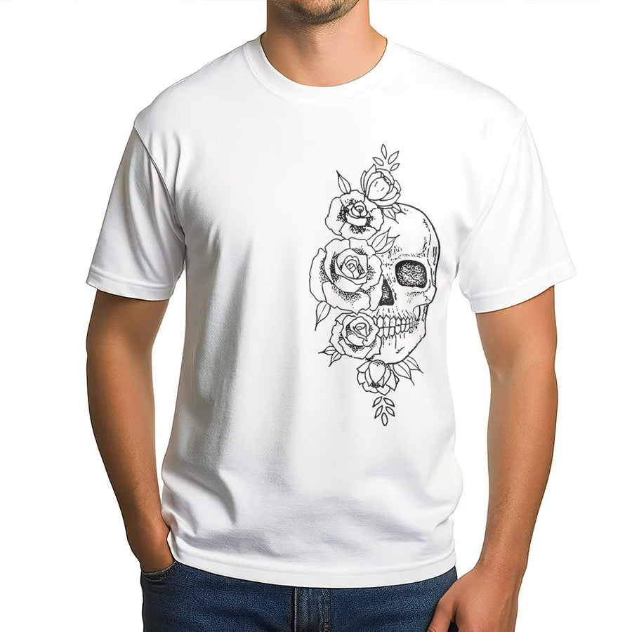 Skull and Roses Graphic T-Shirt | Botanical Skeleton Art Print | Soft Premium Cotton | Edgy Aesthetic Gift for Her & Him