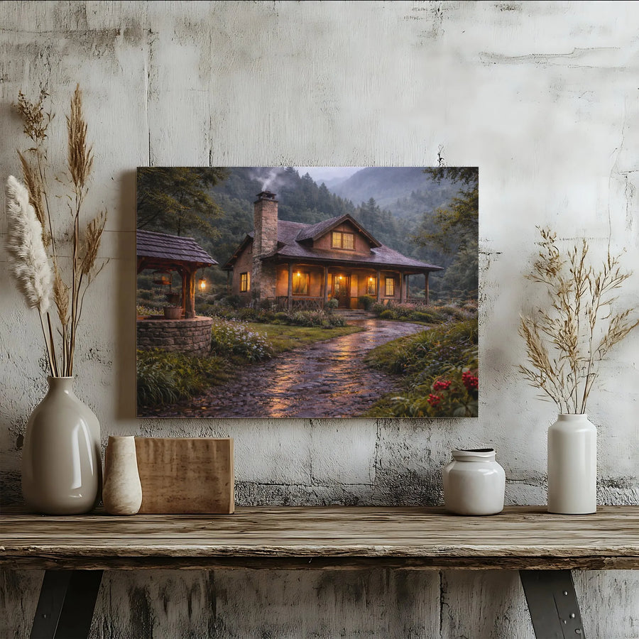 Rustic Forest Cabin Canvas Wall Art | Cozy Mountain Retreat at Dusk | Premium Matte Canvas Print | Living Room & Home Decor Gift