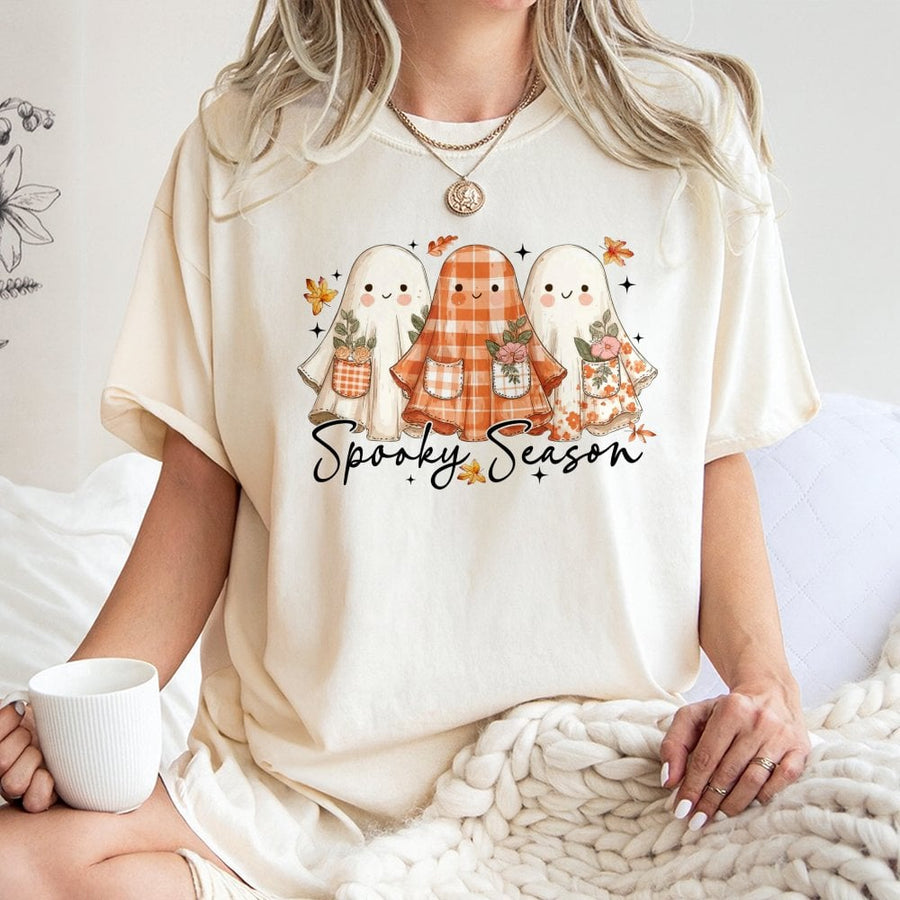 Spooky Season Ghost T-Shirt | Cute Floral Pumpkin Patch Ghost Design | 100% Cotton Premium Tee | Halloween Autumn Gift For Women And Teens