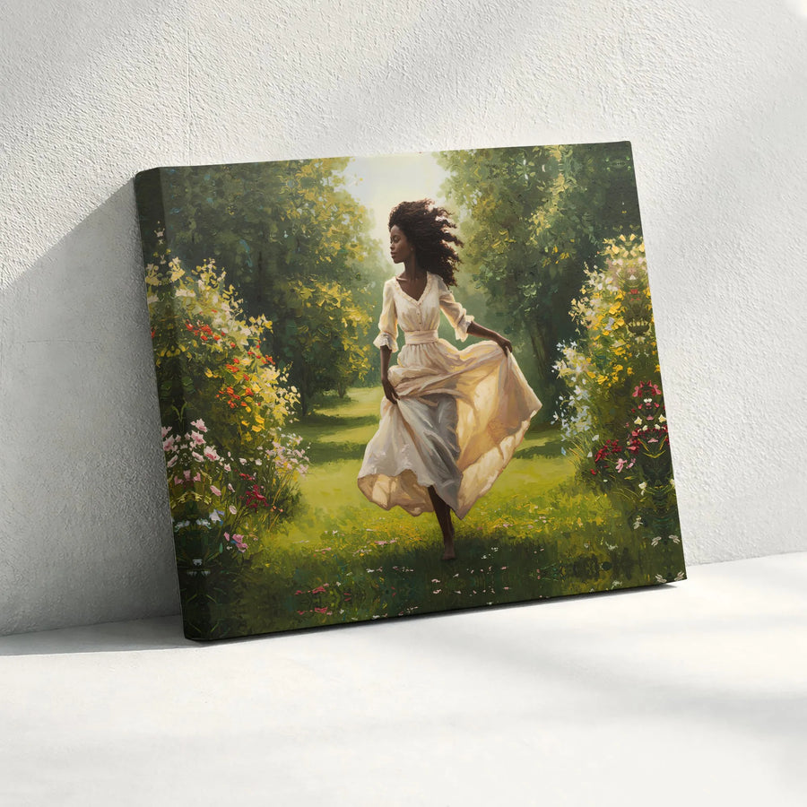 Black Woman Garden Canvas Wall Art | Impressionist Style Floral Meadow Painting | Premium Gallery Wrapped Print | Feminine Bedroom & Living Room Decor Gift