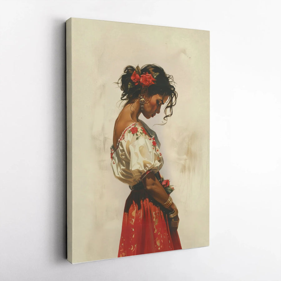 Spanish Woman Canvas Art | Vintage Portrait of Woman with Red Roses | Premium Framed Wall Decor | Hispanic Heritage Home Decor Gift