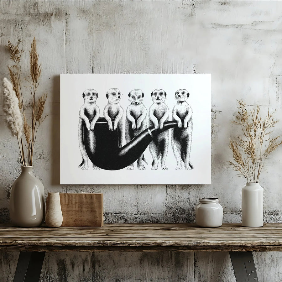 Five Meerkats With Smoking Pipe Canvas Art | Surreal Wildlife Stipple Drawing | Premium Gallery Wrap Decor | Unique Animal Lover Gift