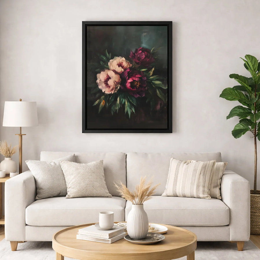 Moody Dark Floral Peony Wall Art | Romantic Oil Painting Style Print | Premium Gallery-Wrapped Canvas | Botanical Home Decor for Living Room