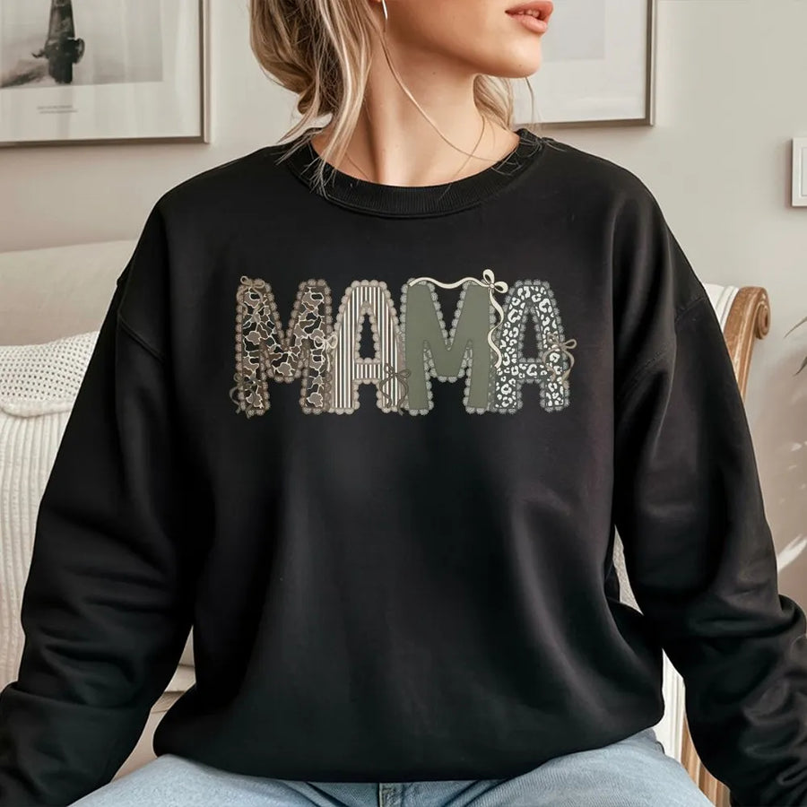 Mama Camo Sweatshirt | Mixed Pattern Leopard Print & Bow Detail | Premium Cotton-Blend Sweatshirt | Gift for Country Mom