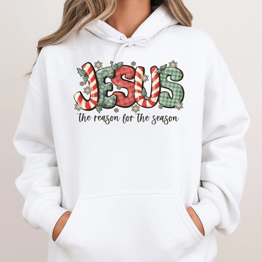 Jesus The Reason For The Season Hoodie | Plaid Candy Cane Christmas Design | Premium Cotton Blend | Christian Religious Gift For Men And Women