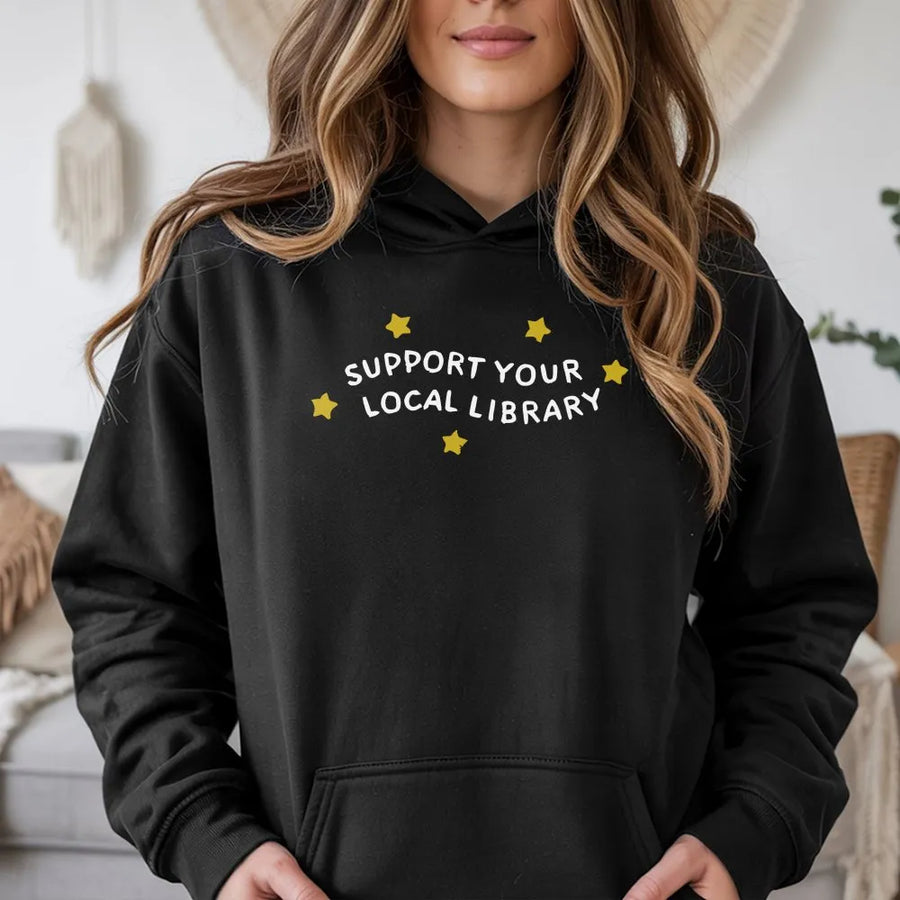 Support Your Local Library Hoodie | Cute Bookish Star Design | Premium Cotton Blend | Gift for Librarians, Readers, and Book Lovers