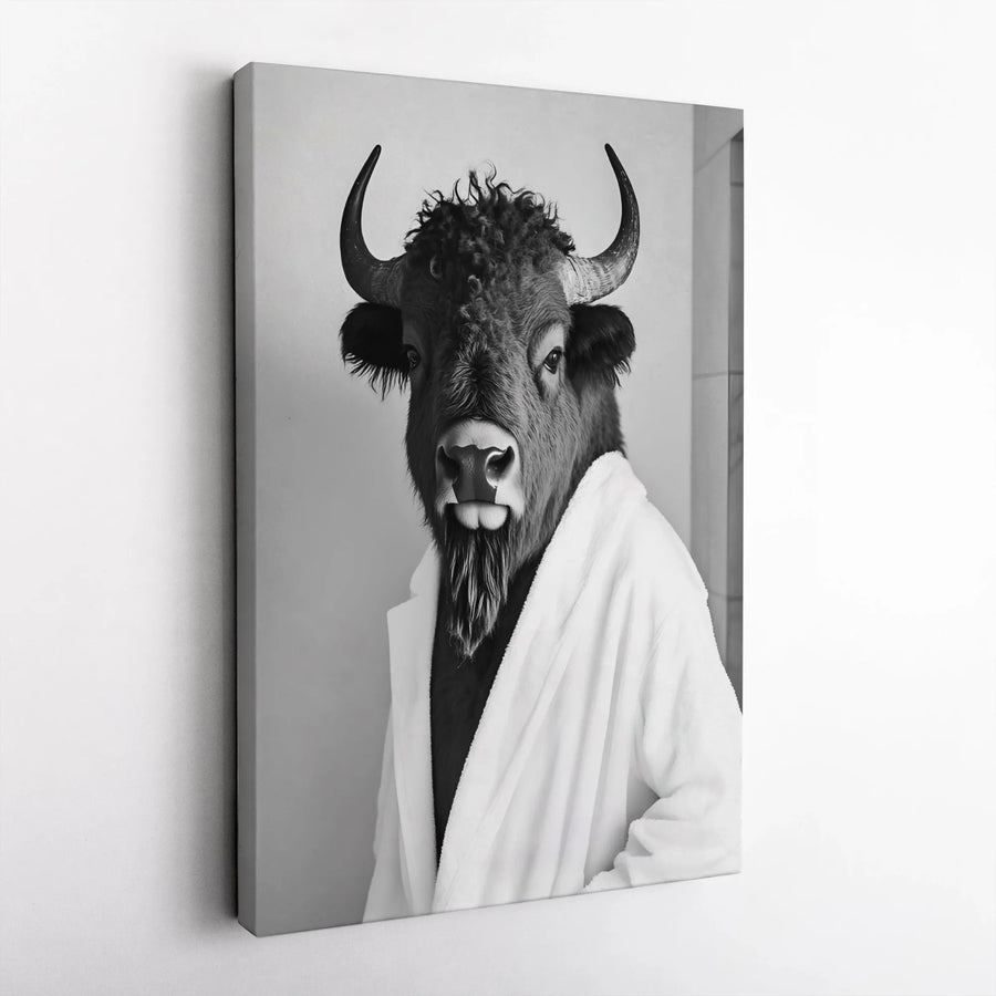 Bison in Bathrobe Canvas Wall Art | Funny Animal Bathroom Decor | Premium Gallery Wrap Print | Whimsical Farmhouse Home Gift