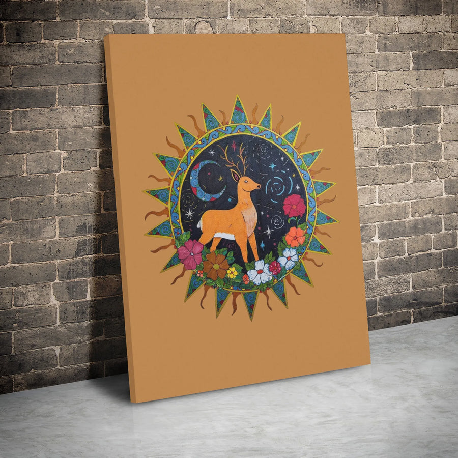 Boho Deer Wall Art Canvas | Celestial Sun Moon and Flower Design | Premium Gallery Wrap Print | Whimsical Nature Home Decor Gift