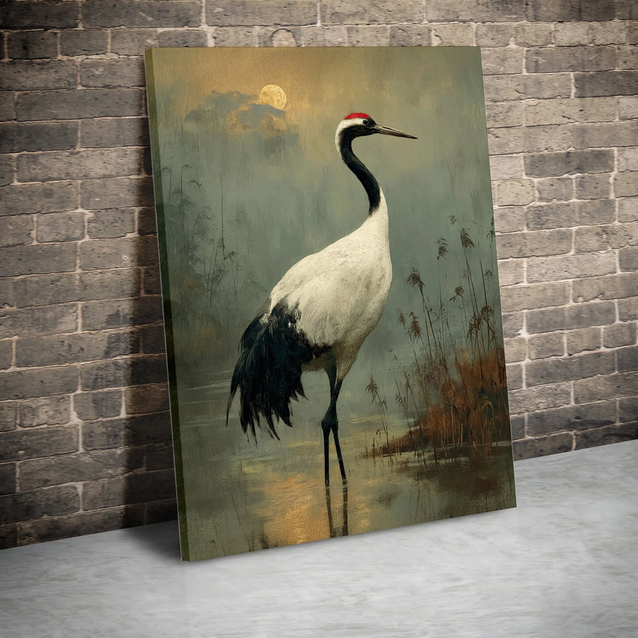 Japanese Red-Crowned Crane Canvas Wall Art | Serene Moonlit Marsh Wildlife Print | Premium Gallery-Wrapped 1.25" Profile | Elegant Zen Home Decor