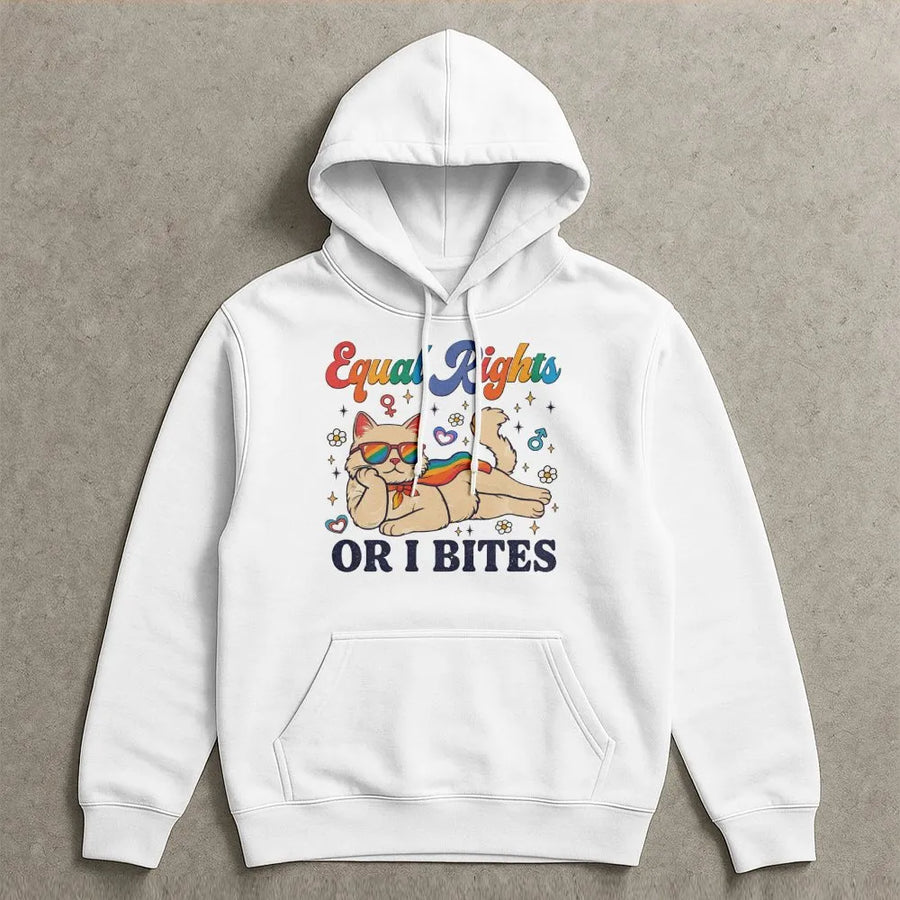 Feminist Cat Hoodie for Equal Rights | Funny 'Or I Bites' Graphic | Premium Cotton Pride Apparel | LGBTQ Ally Gift