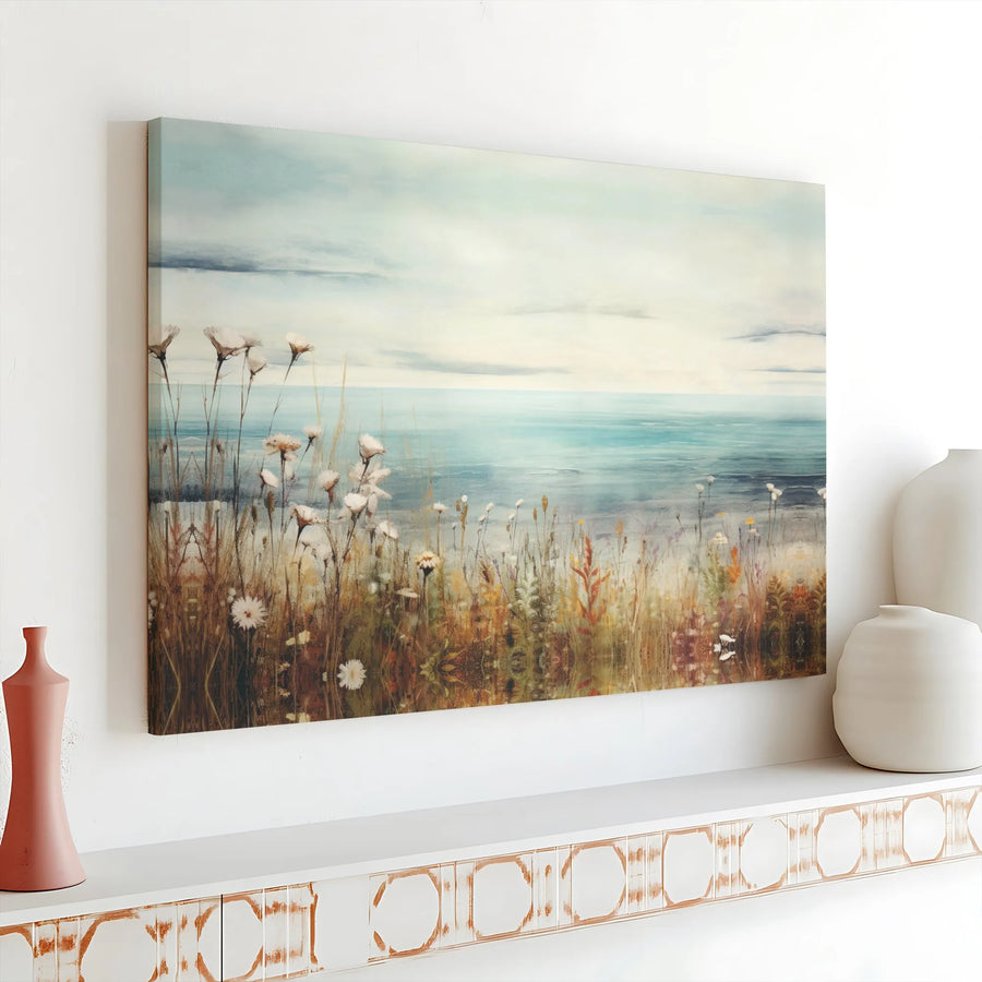 Coastal Wildflowers Seascape Canvas Wall Art | Serene Beach Meadow Print | Premium 1.25" Gallery Wrap | Calming Home Office Nature Decor