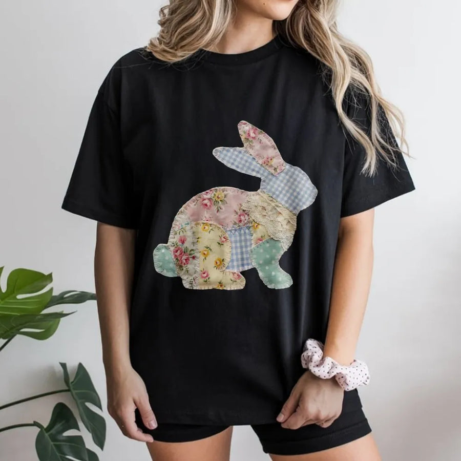 Patchwork Easter Bunny T-Shirt | Cottagecore Floral Rabbit Graphic | Premium 100% Cotton | Spring Holiday Gift For Women And Kids