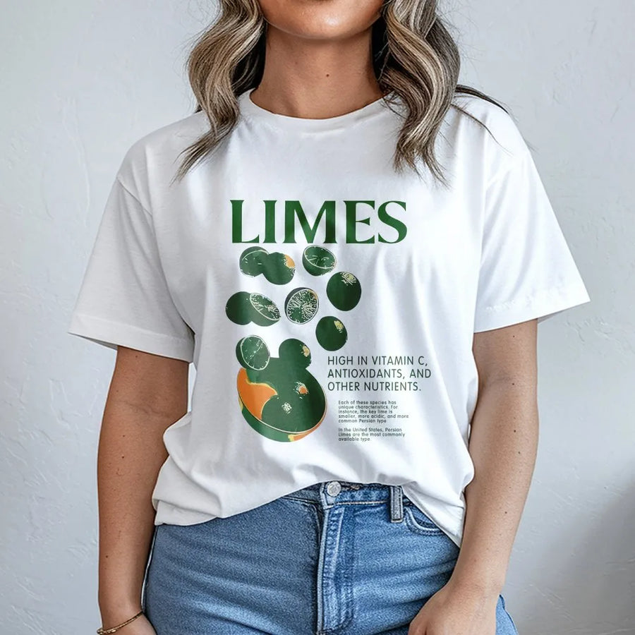 Limes Fruit T-Shirt | Botanical Retro Graphic Print | Premium Soft Cotton | Vegetarian Foodie Gift for Men and Women