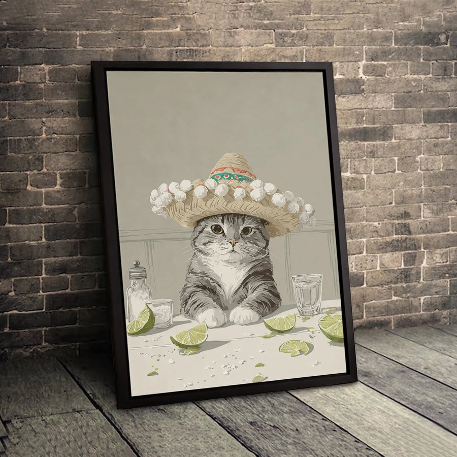 Sombrero Cat Canvas Wall Art | Funny Tabby Kitten With Tequila & Lime | Premium Gallery Wrapped Print | Unique Kitchen Bar Decor Gift