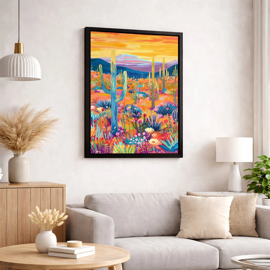 Colorful Desert Cactus Canvas Wall Art | Vibrant Southwestern Sunset Landscape | Premium 1.25-inch Gallery Wrap | Boho Home Office Decor Gift