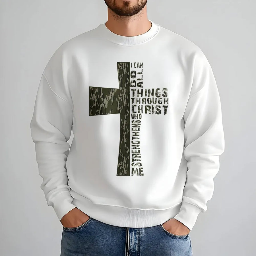 Christian Cross Sweatshirt | Philippians 4:13 Camo Print Design | Premium Cotton Blend | Faith-Based Religious Apparel Gift for Men and Women