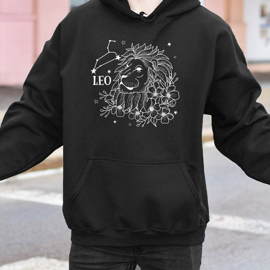 Leo Zodiac Hoodie | Floral Constellation Line Art Design | Premium Cotton Blend | Astrology Gift for Women & Men