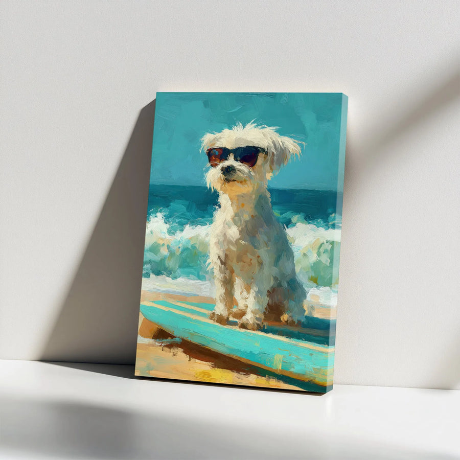 Surfing Dog Canvas Art | Impressionist Maltese Painting with Sunglasses | Premium Thick Gallery Wrap | Gift for Dog Lover, Coastal Beach House Decor