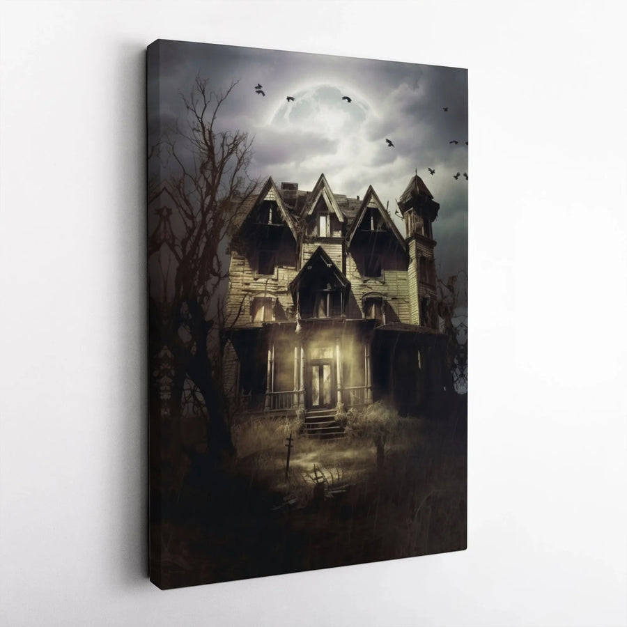 Haunted House Wall Art | Spooky Full Moon Gothic Landscape | Premium Gallery-Wrap Canvas | Halloween Home Decor Gift