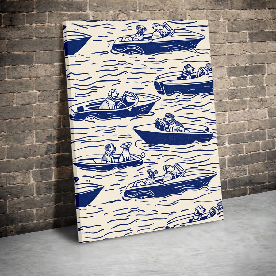 Dogs Driving Boats Canvas Art | Nautical Blue & Cream Pattern | Premium 1.25-Inch Gallery Wrap | Whimsical Coastal Home Decor Gift