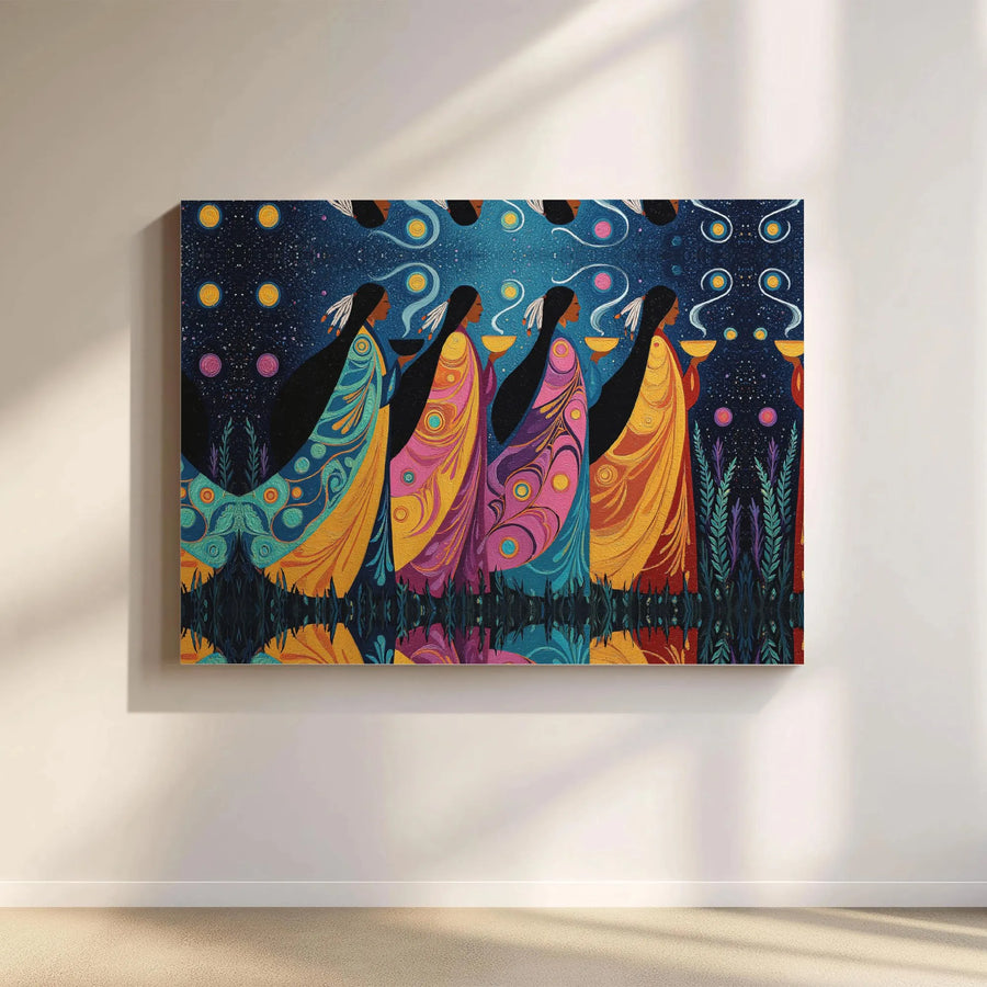 Native American Art Canvas Print | Vibrant Spiritual Ceremony Scene | Premium Fade-Resistant Print | Collector's Gift for Home Decor