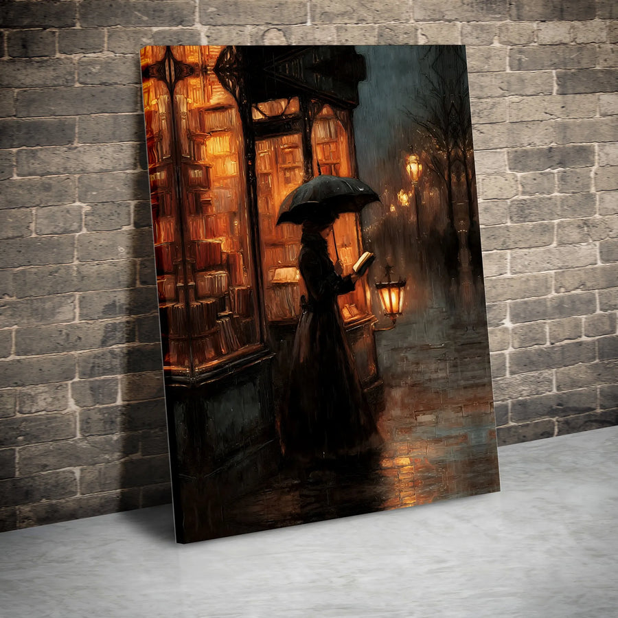 Rainy Night Bookshop Canvas Wall Art | Cozy Reading Woman Under Umbrella | Premium 1.25" Gallery Wrap | Aesthetic Home Office Decor Gift