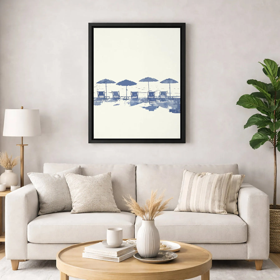 Coastal Beach Canvas Wall Art | Blue Umbrellas Watercolor Print | Premium Gallery-Wrapped 1.25" Profile | Nautical Home Decor Gift