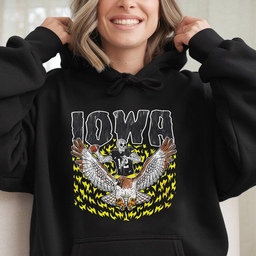 Iowa With A Skeleton Football Player Holding A Football And Riding A Hawk Surrounded By Flames Hoodie